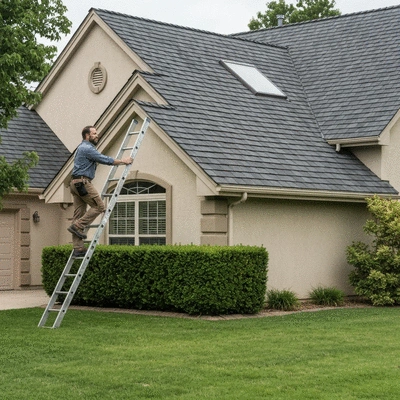 Homeowner on a ladder inspecting a roof, looking knowledgeable and prepared, no text, no words, no typography, clean image