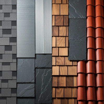 Several types of roofing materials displayed side-by-side for comparison: asphalt shingles, metal panels, slate tiles, wood shakes, and clay tiles. Studio lighting, no text, no words, no typography, clean image