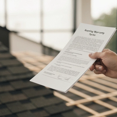 Close-up of a hand holding a document detailing roofing warranty terms