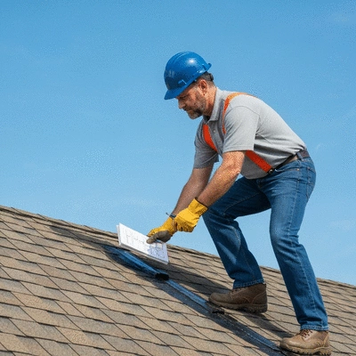 Professional roof inspector on a residential roof, checking shingles and flashing with a checklist, clear blue sky, safety gear visible