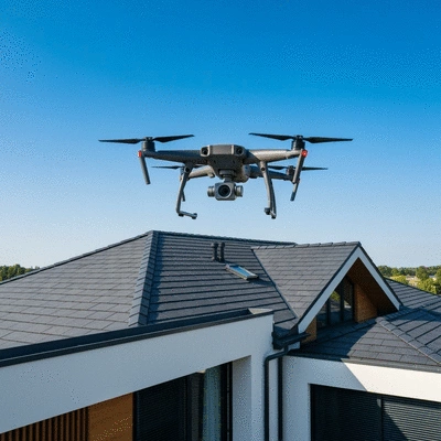 Drone inspecting a residential roof for maintenance issues