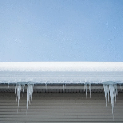 Heavy snow accumulated on a residential roof with icicles hanging, clear winter sky, no text, no words, no typography, clean image