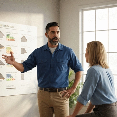 Professional contractor discussing roofing options with a homeowner, pointing to a diagram of different materials and their weather resistance