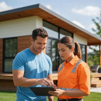 A homeowner and a roofing contractor reviewing material samples on a tablet, with a modern house exterior in the background, bright natural light, no text, no words, no typography, 8K