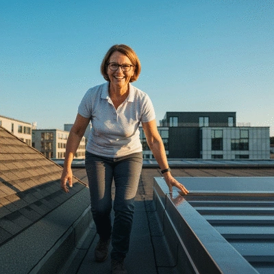 Roofing expert inspecting commercial roof, showing different materials with clear skies, clean image