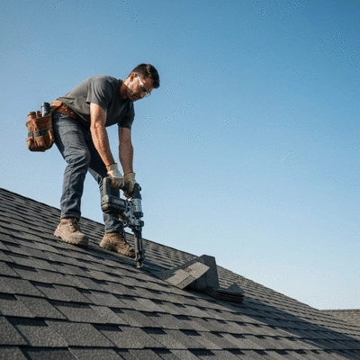 Professional roofer using a roofing nailer to attach shingles on a roof, clear blue sky background, no text, no words, no typography, clean image