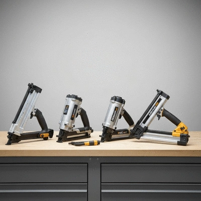 Several different types of roofing nailers laid out on a workbench, professional product photography, no text, no words, no typography, clean image