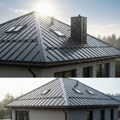 Modern house with a metal roof under diverse weather conditions, showing sun, rain, and snow elements for climate impact visual, no text, no words, no typography, clean image