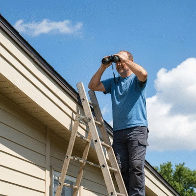 Homeowner on a ladder inspecting their roof, looking for damage, sunny day, no text, no words, no typography, 8K