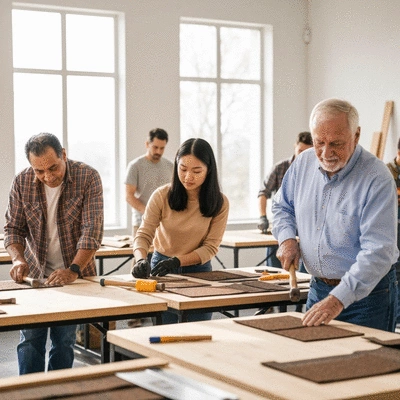 Diverse group of people in a DIY workshop setting, learning about roofing, no text, no words, no typography, clean image