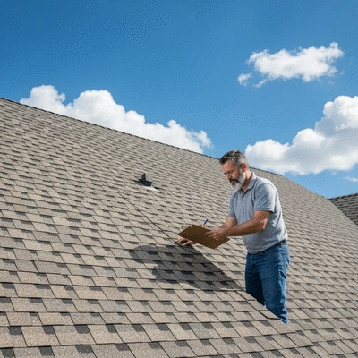 Professional roof inspector examining a residential roof with a clipboard, clear sky, no text, no words, no typography, 8K