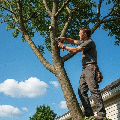 Professional arborist trimming tree branches near a house roof