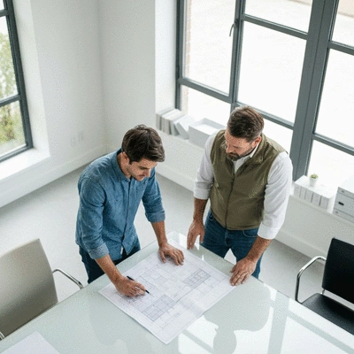 Overhead view of a homeowner reviewing roof plans with a contractor, clean, professional setting, no text, no words, no typography, no labels, clean image