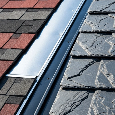 Detailed close-up of various roofing material samples side-by-side, showcasing textures and colors of asphalt shingles, metal, and slate, in a bright, clean setting, no text, no words, no typography, 8K