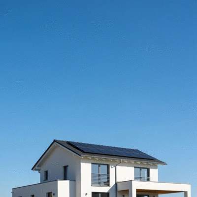 Modern house with a newly installed, durable and energy-efficient roof, clear blue sky background, no text, no words, no typography, clean image