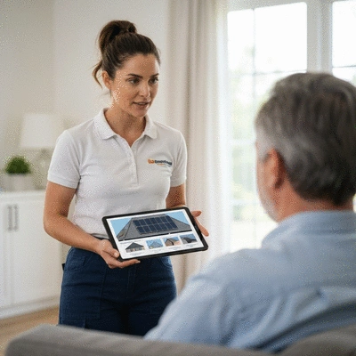 Professional contractor discussing eco-friendly roofing options with a homeowner on a tablet