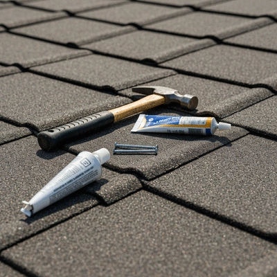 Close-up of various roofing tools and materials laid out on a roof, such as a hammer, nails, and sealant, ready for maintenance or repair work