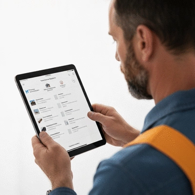 Contractor reviewing roofing materials on a tablet, with a detailed list of trusted suppliers and certifications