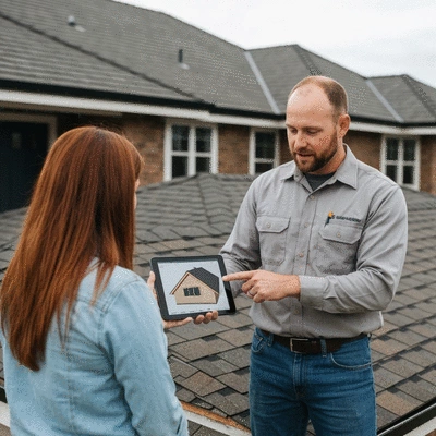 Professional roofing contractor discussing project details with a homeowner on a tablet, with a house roof in the background, no text, no words, no typography, 8K