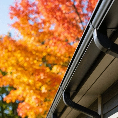 Close-up of clean gutters on a house during autumn, with colorful leaves in the background