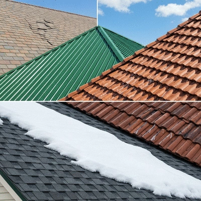 Detailed image showing various roofing materials being affected by different weather conditions such as sun, rain, and snow