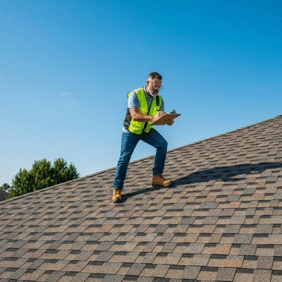 Professional roof inspector examining a residential roof with a clipboard, clear sky, sunny day, no text, no words, no typography, 8K