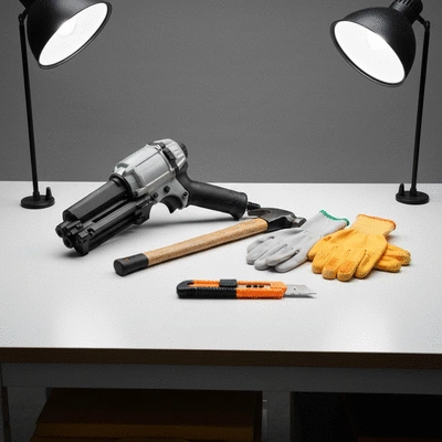 Collection of essential roofing tools including a nail gun, hammer, utility knife, and safety gloves on a clean workbench, no text, no words, no typography, clean image