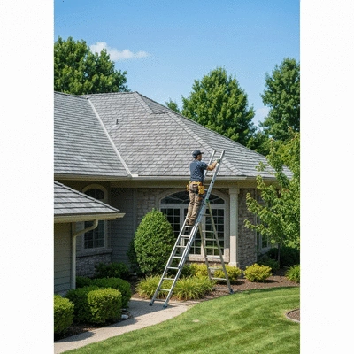 Person safely cleaning gutters on a residential home with a ladder