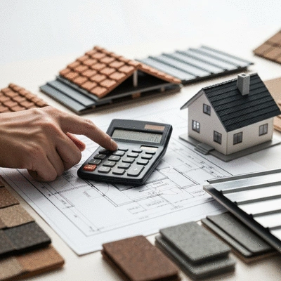Hand holding a calculator over a blueprint with various roofing material samples and a small model house, illustrating cost-effectiveness