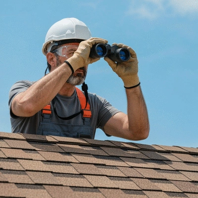 Person inspecting roof shingles with binoculars, wearing safety gear