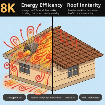Diagram showing heat escaping from a damaged roof and a well-maintained roof retaining heat, illustrating energy efficiency, no text, no words, no typography, 8K