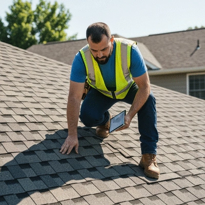 Person inspecting roof shingles with a checklist, sunny day, residential home