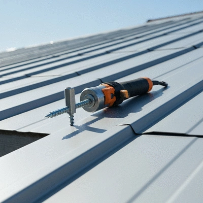 Close-up of self-drilling screws being used to install a metal roof, showing efficiency and precision