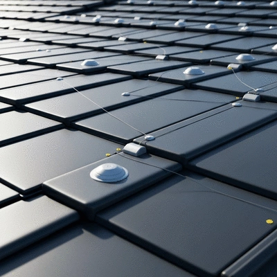 Close-up of smart roofing sensors integrated into a modern roof, illustrating technology and efficiency