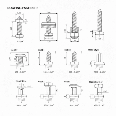 Technical drawing or diagram showing various roofing fastener specifications and measurements