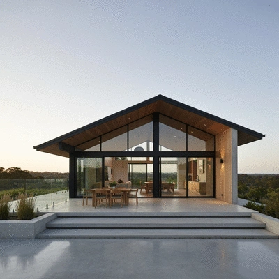 Modern home with a skillion roof, clean lines, large windows, and a minimalist aesthetic