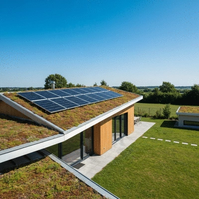 Modern home with an eco-friendly green roof, solar panels, and sustainable materials