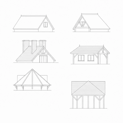 Architectural drawing of various roof types, clean lines, no text, no words, no typography, no labels, clean image