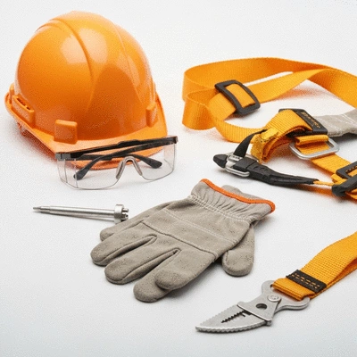 Close-up of various roofing safety tools neatly laid out on a clean surface, no text, no words, no typography, 8K, clean image