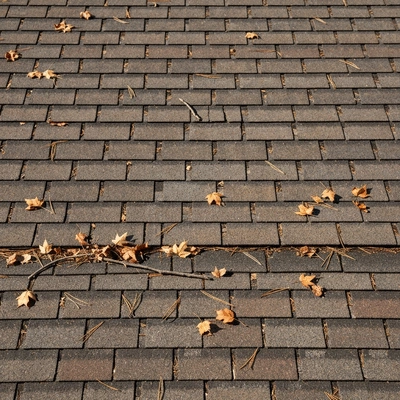 Close-up of roof shingles with autumn leaves and some debris, showing signs of wear and tear, no text, no words, no typography, clean image