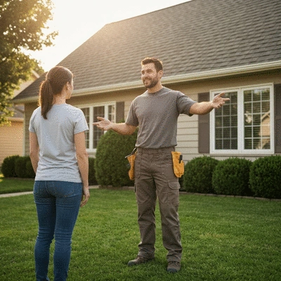 Homeowner discussing roof maintenance plans with a contractor