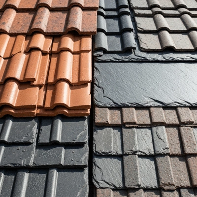 Close-up photo of various roofing materials like tile, slate, and clay arranged neatly, showcasing their textures and colors