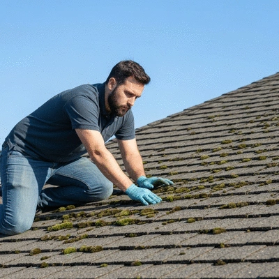 Professional roof inspector examining a residential roof, checking for moss and algae growth, with a clear sky background, focus on the roof's condition, no text, no words, no typography, 8K