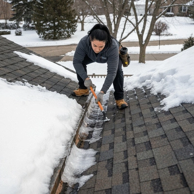 Roofing professional inspecting a roof during winter, snow present, no text, no words, no typography, clean image