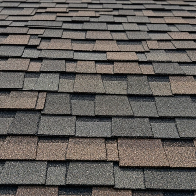 Close-up of asphalt shingles on a roof, showing texture and color variations