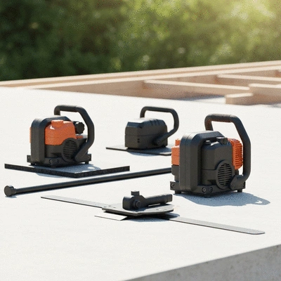 Modern roofing tools laid out on a construction site, clean image, no text