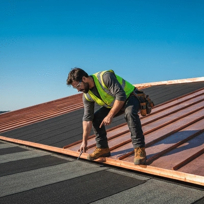 Professional roofer inspecting a commercial flat roof
