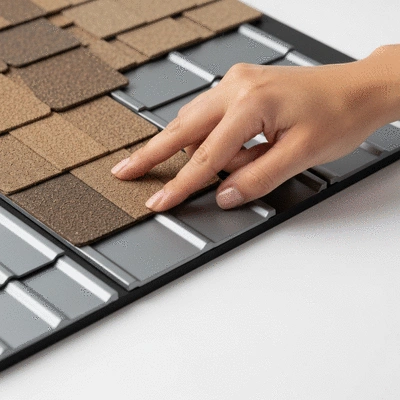 Close-up of a hand pointing to different materials on a roofing sample board, showcasing eco-friendly options like recycled shingles and metal samples, no text, no words, no typography