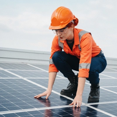 Professional roofing inspector on a ladder examining a residential roof with a tablet, clean image