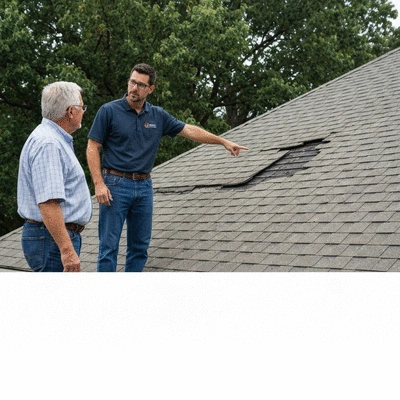 Homeowner discussing roof repair options with a contractor, pointing at a damaged section of a roof, clear communication